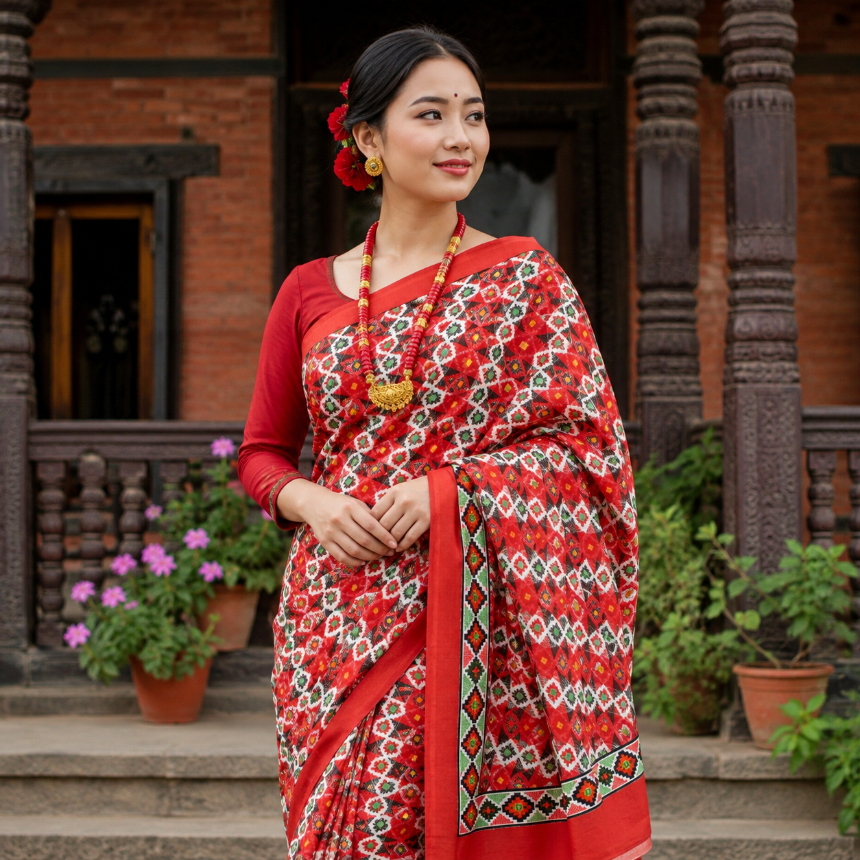 Red Traditional Nepali Dhaka Saree | Geometric Printed Poly Blend Saree with Designer Contrast Border | Ethnic Festive Wear