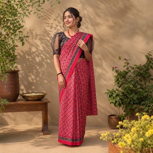 Classic Nepali Dhaka Saree for Women | Timeless Ethnic Print Poly Blend Saree with Beautiful Border | Perfect for Festive & Cultural Wear