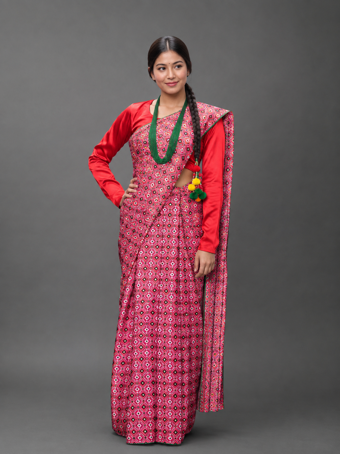 Traditional Nepali Dhaka Saree for Women | Ethnic Poly Blend Saree with Designer Border | Festive Wear
