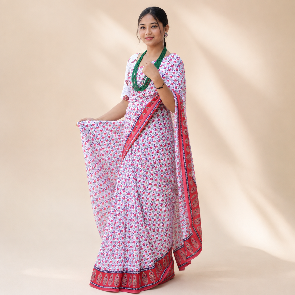 Women’s Nepali Dhaka Style Saree | Traditional Guras Flower Print Poly Blend Saree | Ethnic Festive Wear