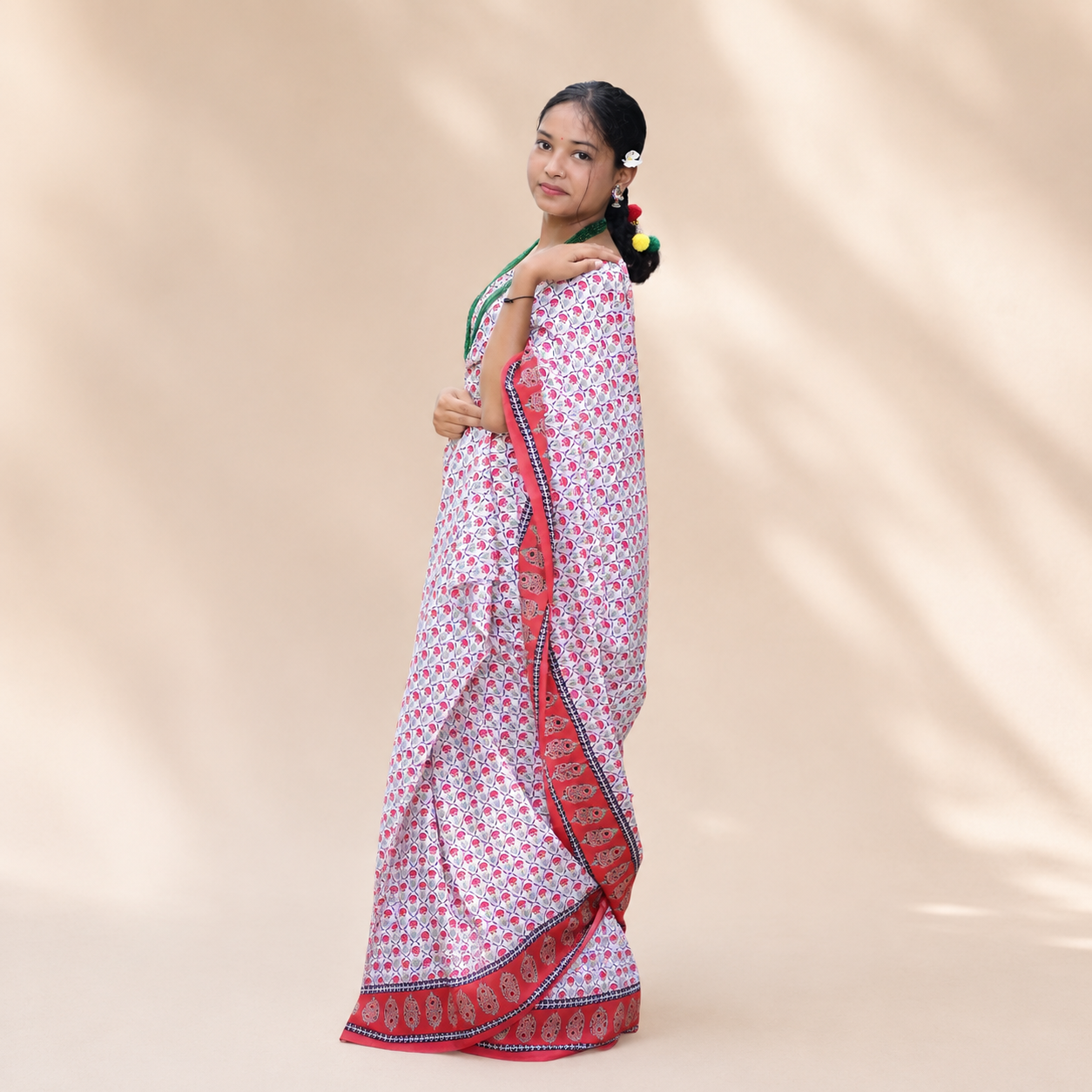 Women’s Nepali Dhaka Style Saree | Traditional Guras Flower Print Poly Blend Saree | Ethnic Festive Wear