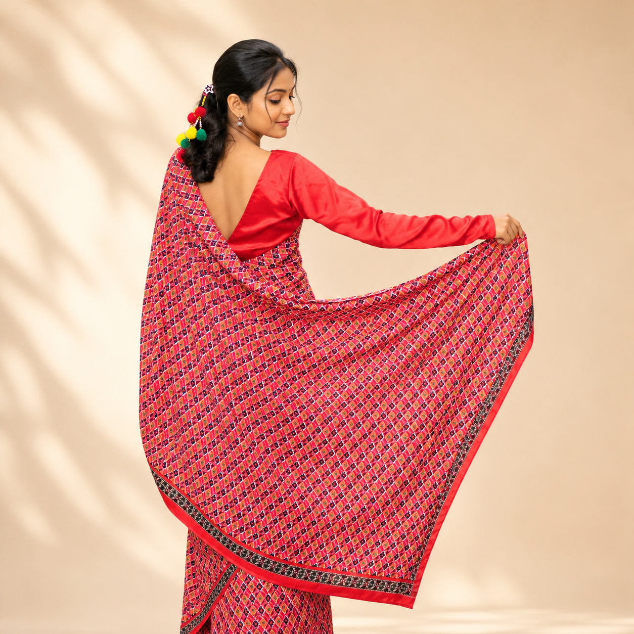 Classic Nepali Dhaka Saree for Women | Timeless Ethnic Print Poly Blend Saree with Beautiful Border | Perfect for Festive & Cultural Wear