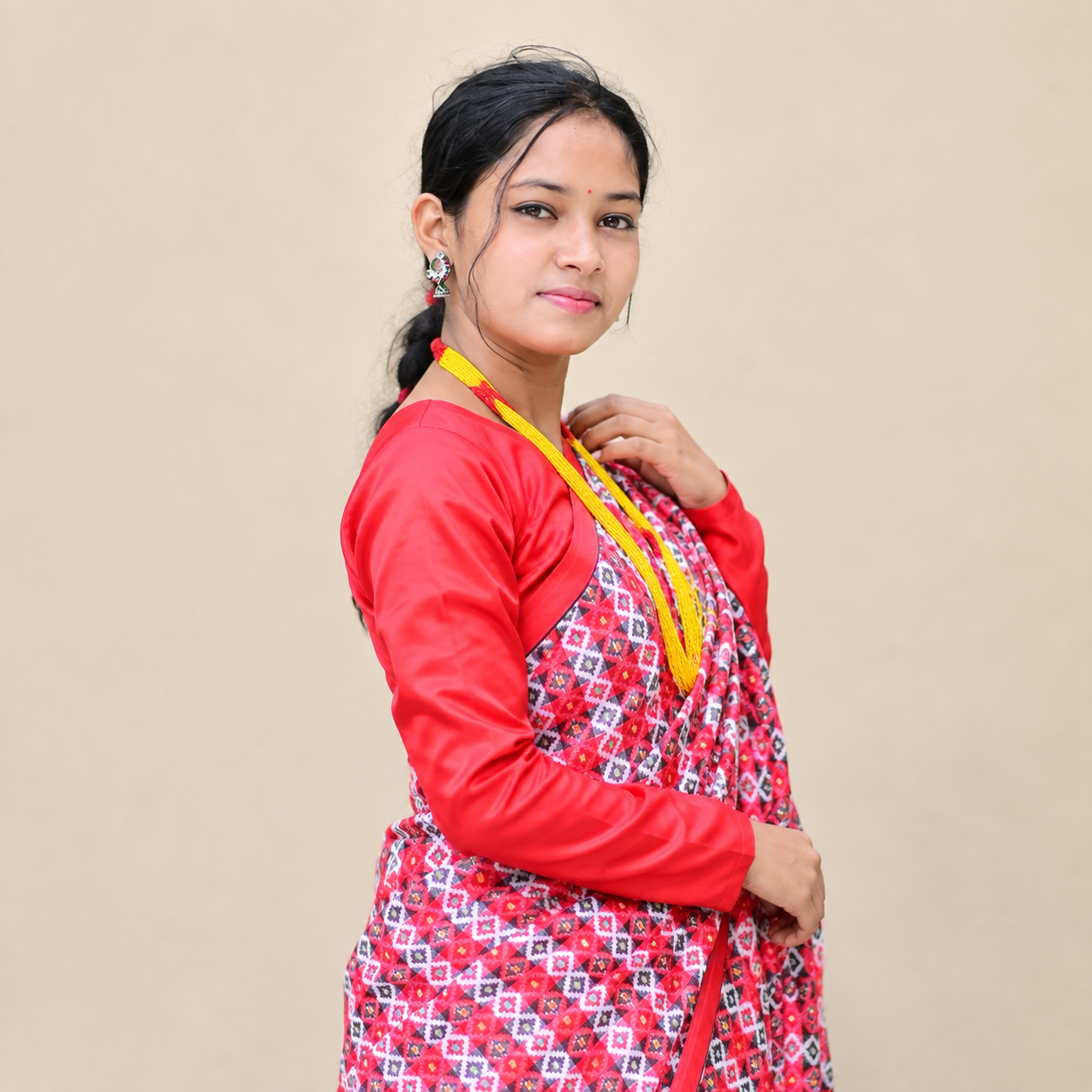 Red Traditional Nepali Dhaka Saree | Geometric Printed Poly Blend Saree with Designer Contrast Border | Ethnic Festive Wear