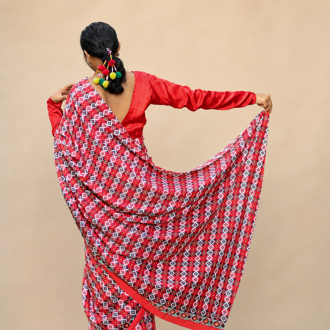 Red Traditional Nepali Dhaka Saree | Geometric Printed Poly Blend Saree with Designer Contrast Border | Ethnic Festive Wear