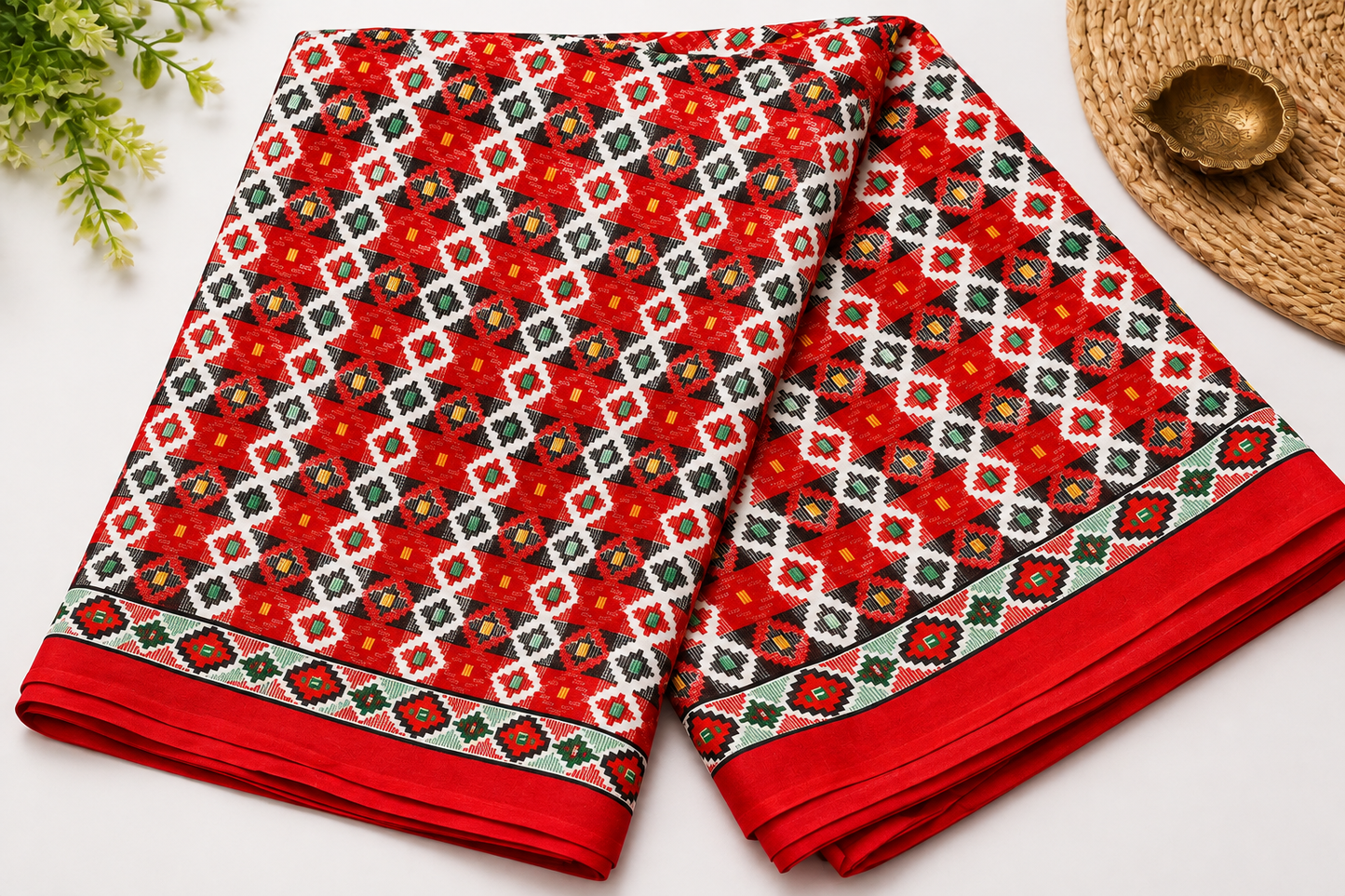 Red Traditional Nepali Dhaka Saree | Geometric Printed Poly Blend Saree with Designer Contrast Border | Ethnic Festive Wear
