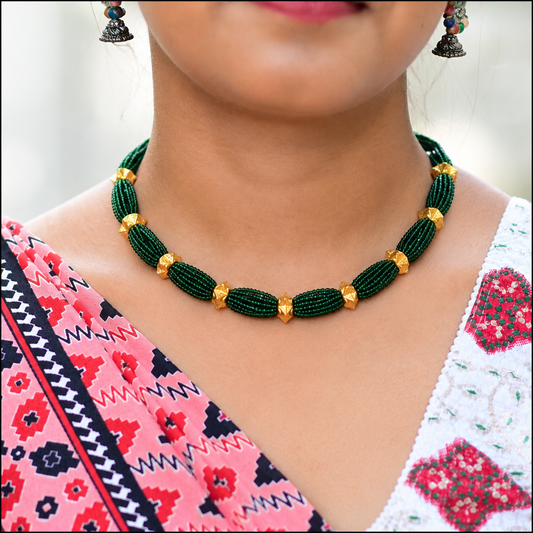 Premium Nepali Short Naugedi Necklace | Green Hydro Premium Beads with Gold Plated Traditional Design