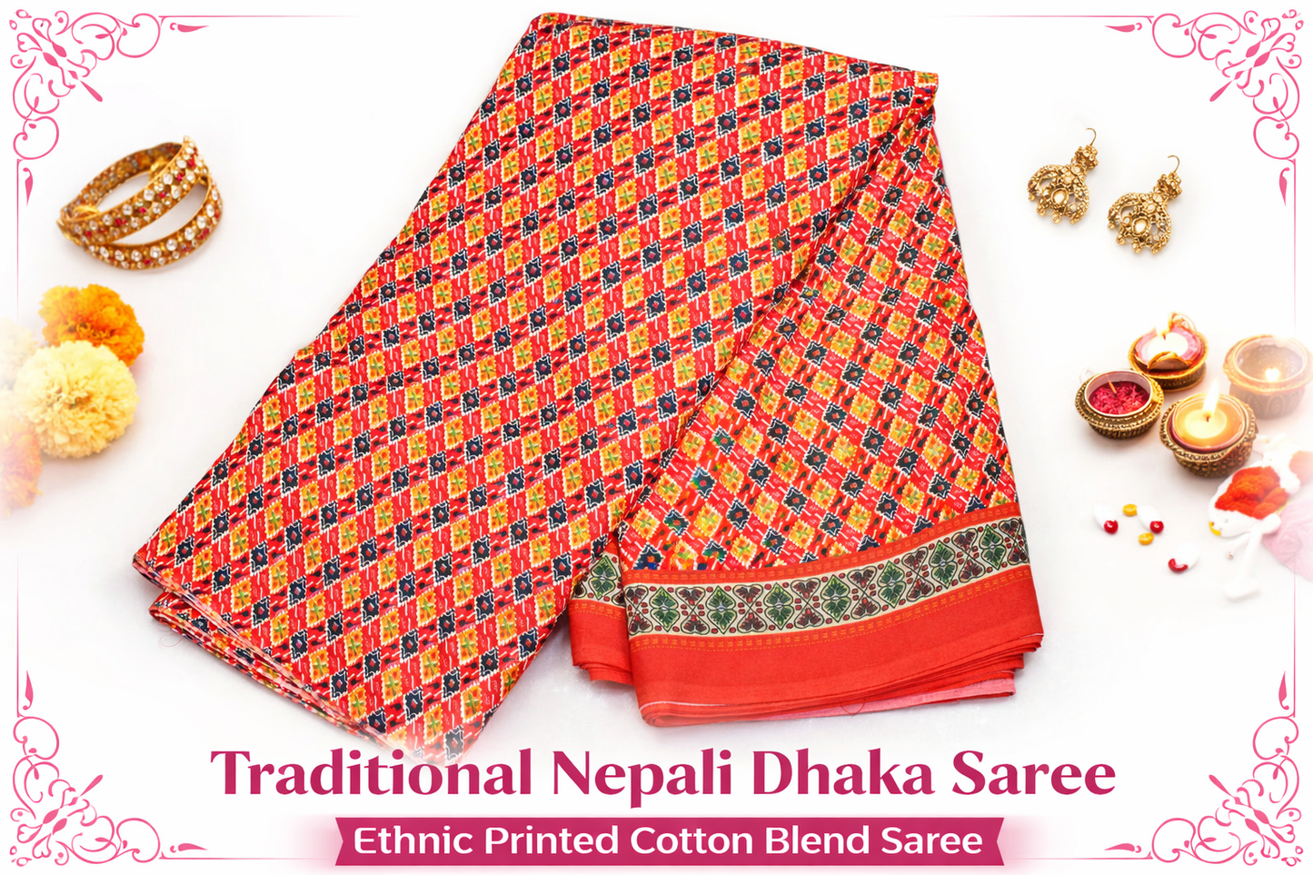 Classic Nepali Dhaka Saree for Women | Timeless Ethnic Print Poly Blend Saree with Beautiful Border | Perfect for Festive & Cultural Wear
