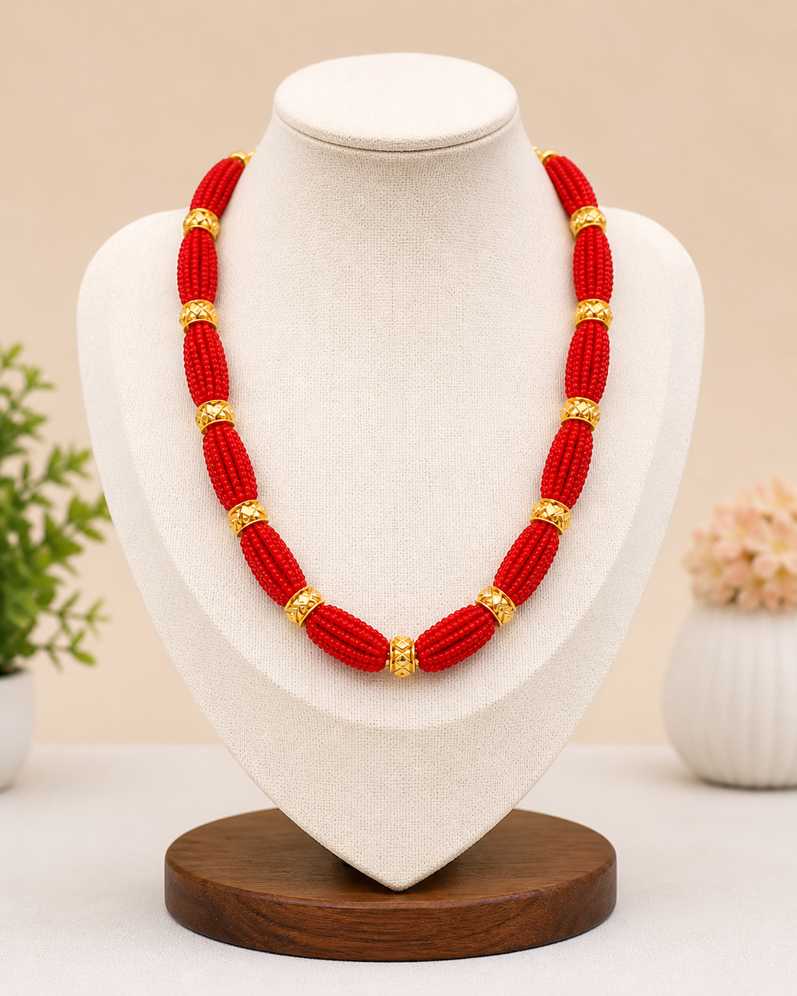 Premium Nepali Naugedi Tilhari Necklace – Classic Red Beads with Gold Plated Design