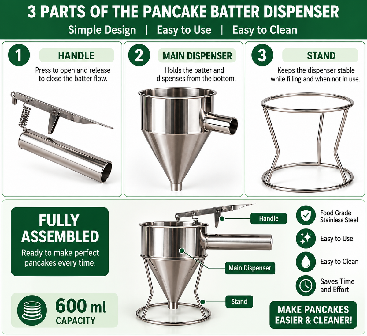 Stainless Steel Sel Roti Maker | 600ml Manual Batter Dispenser with Stand | Easy Sel Roti & Pancake Making Tool
