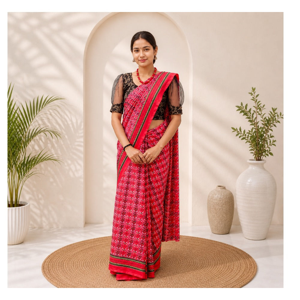 Traditional Nepali Dhaka Saree for Women | Ethnic Poly Blend Saree with Designer Border | Festive Wear