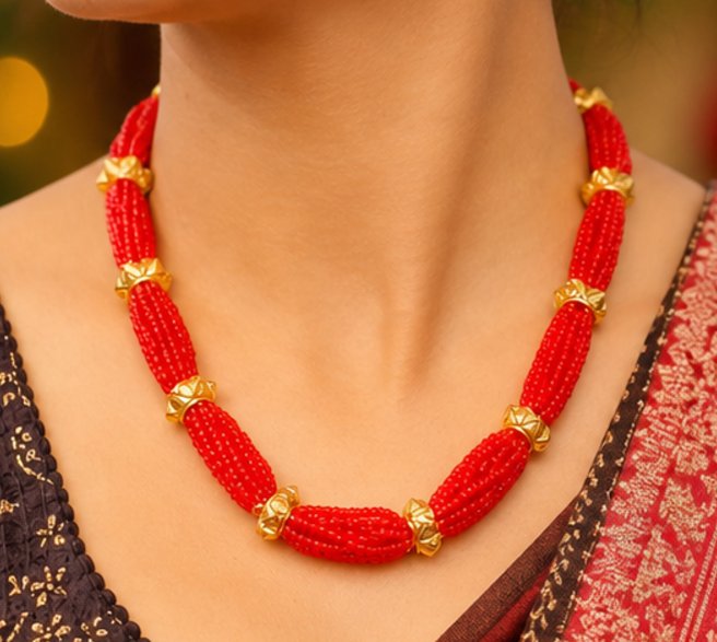 Premium Nepali Naugedi Tilhari Necklace – Classic Red Beads with Gold Plated Design